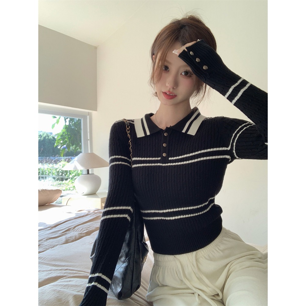 春。甜美減齡小香學院風 撞色條紋polo領短款細針織毛衣上衣-Euphoria Store-細節圖2