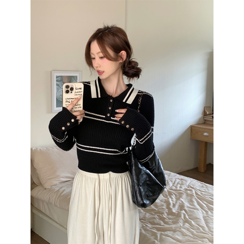 春。甜美減齡小香學院風 撞色條紋polo領短款細針織毛衣上衣-Euphoria Store-細節圖3