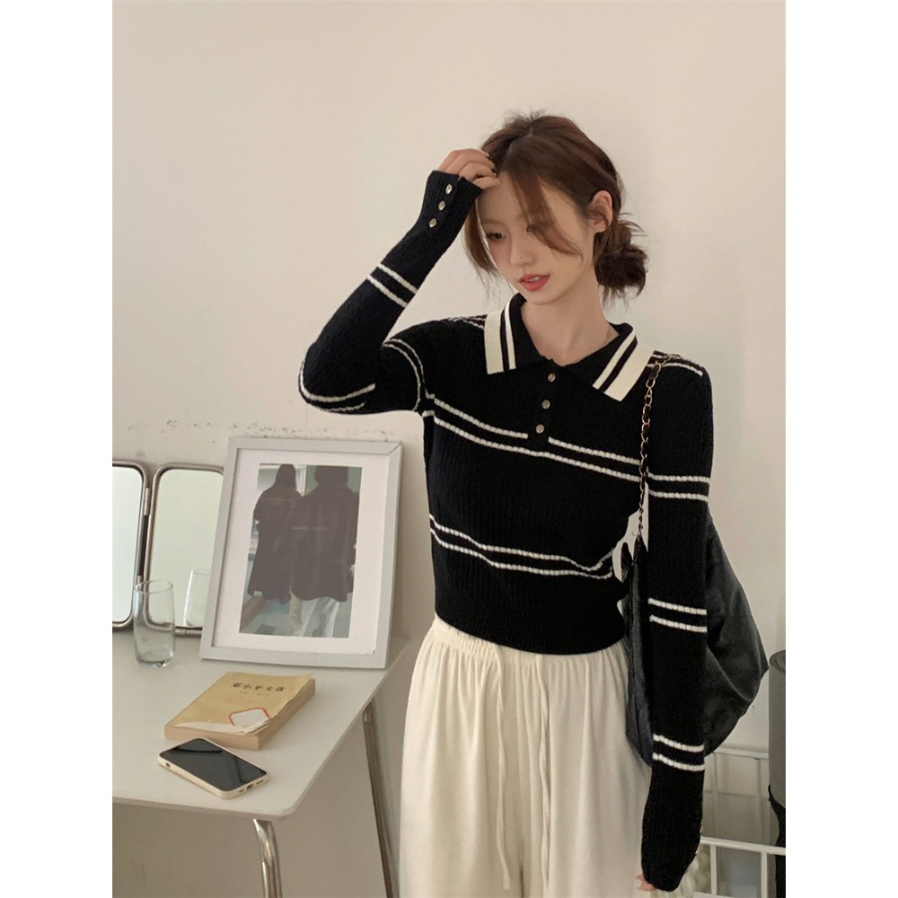春。甜美減齡小香學院風 撞色條紋polo領短款細針織毛衣上衣-Euphoria Store-細節圖5
