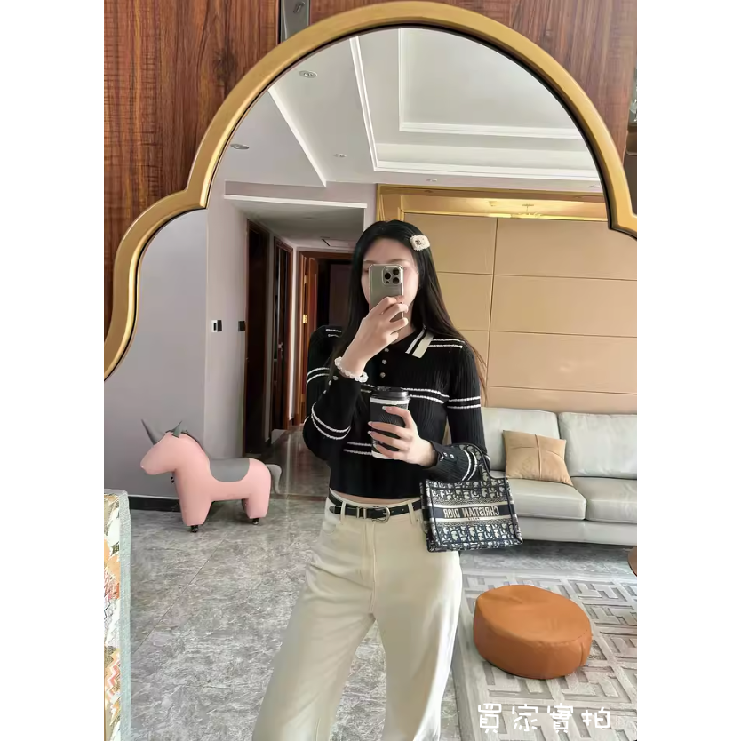 春。甜美減齡小香學院風 撞色條紋polo領短款細針織毛衣上衣-Euphoria Store-細節圖7