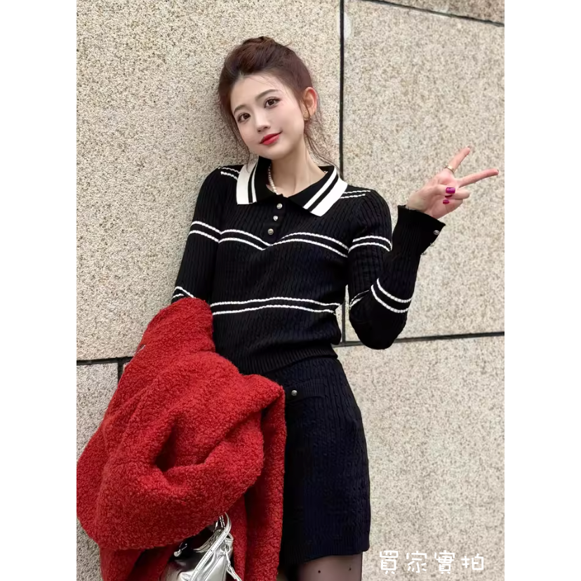 春。甜美減齡小香學院風 撞色條紋polo領短款細針織毛衣上衣-Euphoria Store-細節圖8