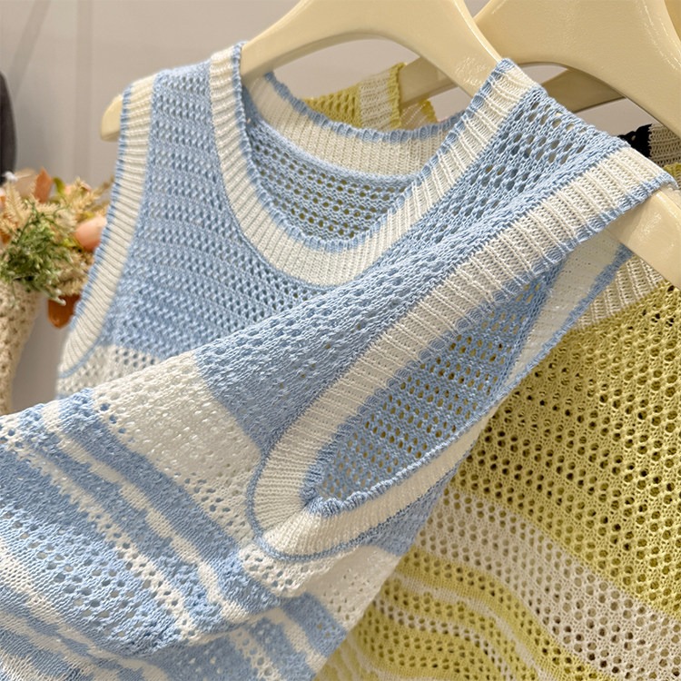 春。減齡小清新 多巴胺彩虹條紋撞色鏤空無袖背心吊帶上衣-Euphoria Store-細節圖7