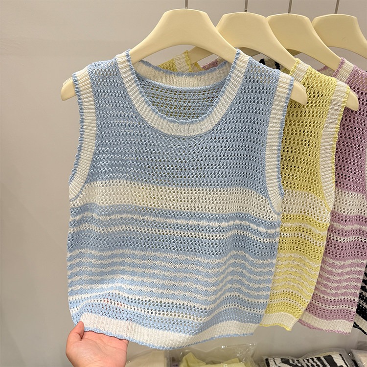 春。減齡小清新 多巴胺彩虹條紋撞色鏤空無袖背心吊帶上衣-Euphoria Store-規格圖10