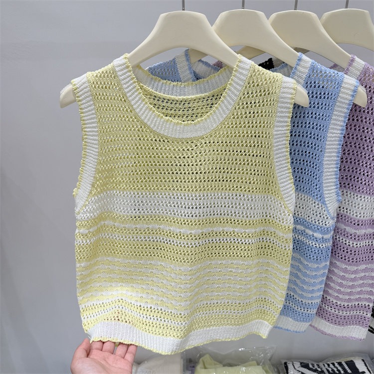 春。減齡小清新 多巴胺彩虹條紋撞色鏤空無袖背心吊帶上衣-Euphoria Store-規格圖10