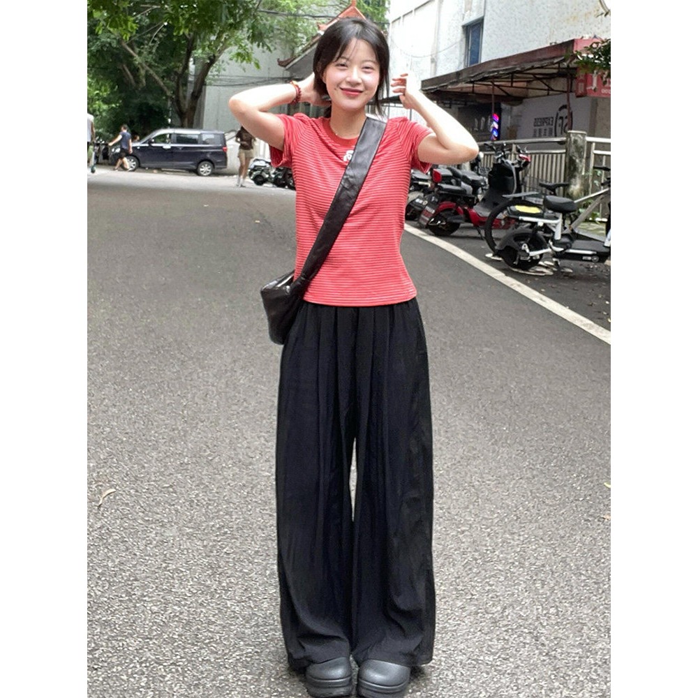 春。減齡小清新 修身顯瘦 前方5刺繡紅色條紋圓領短袖正肩T恤上衣-Euphoria Store-細節圖2