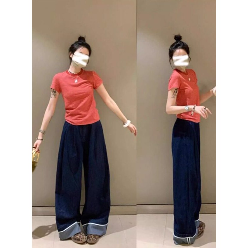 春。減齡小清新 修身顯瘦 前方5刺繡紅色條紋圓領短袖正肩T恤上衣-Euphoria Store-細節圖4