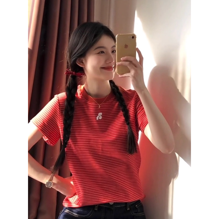 春。減齡小清新 修身顯瘦 前方5刺繡紅色條紋圓領短袖正肩T恤上衣-Euphoria Store-細節圖5