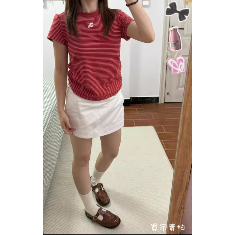 春。減齡小清新 修身顯瘦 前方5刺繡紅色條紋圓領短袖正肩T恤上衣-Euphoria Store-細節圖8