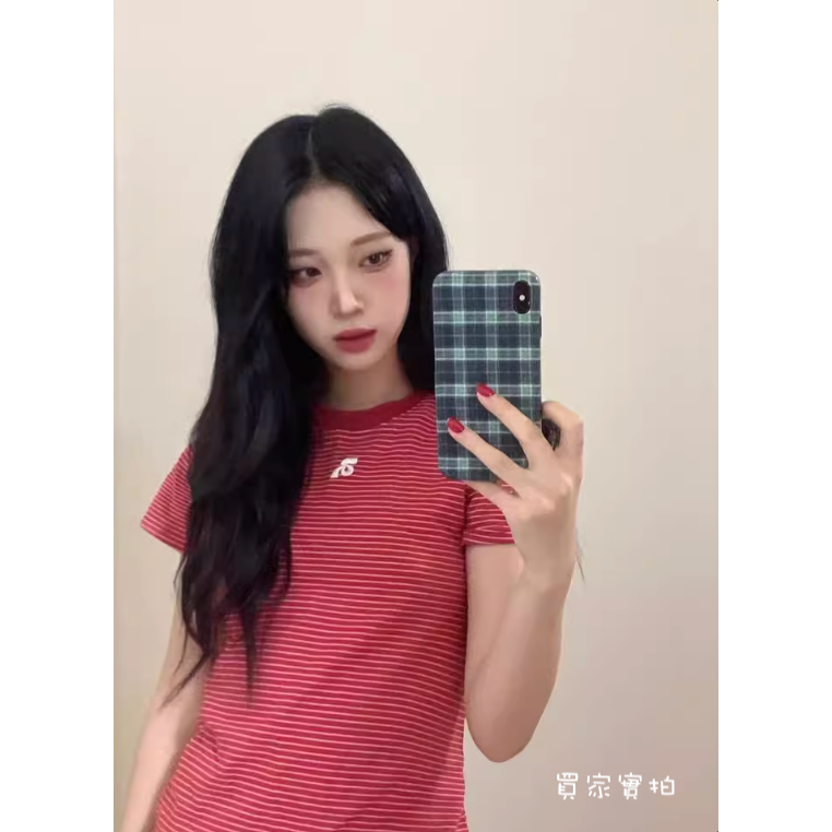 春。減齡小清新 修身顯瘦 前方5刺繡紅色條紋圓領短袖正肩T恤上衣-Euphoria Store-細節圖9