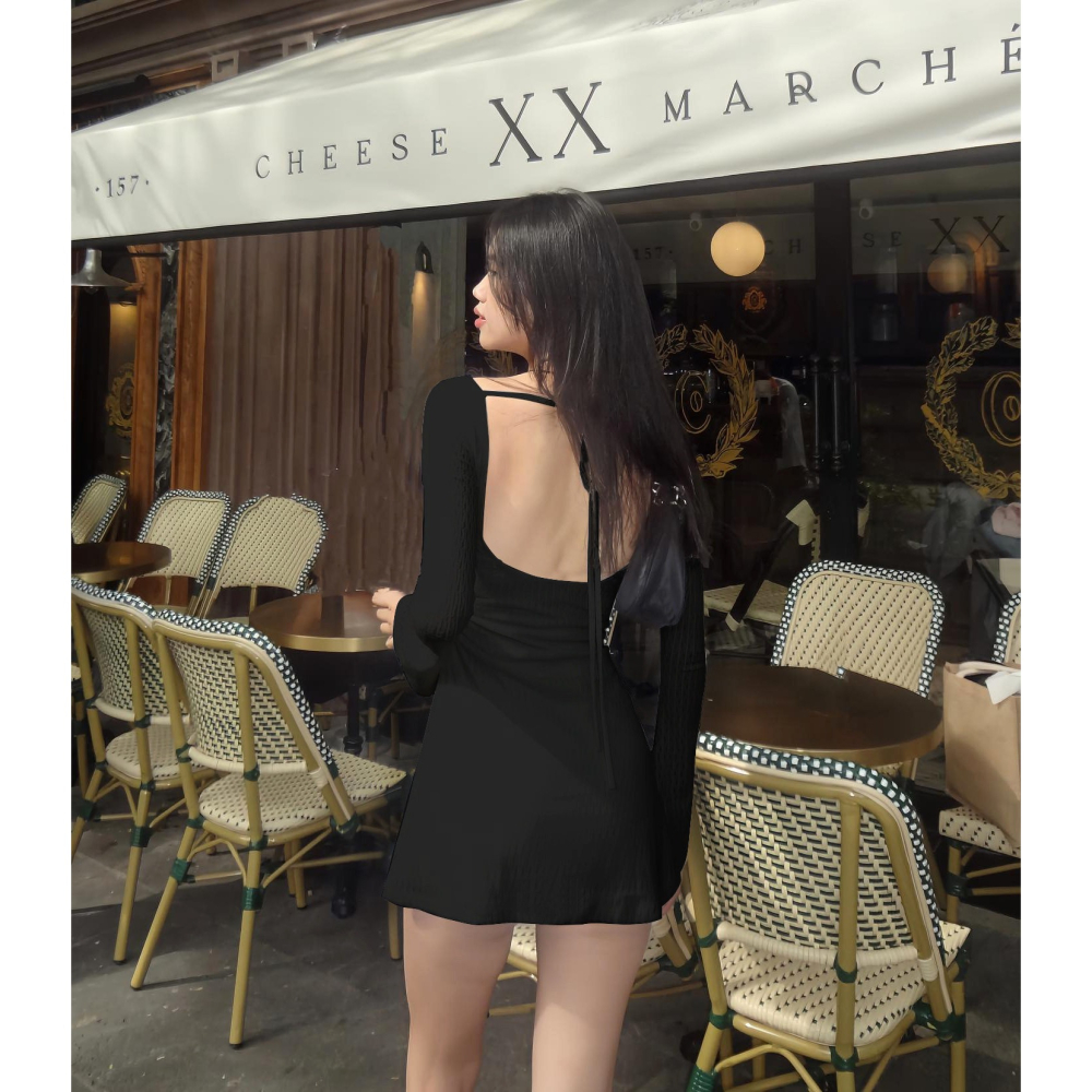 春。經典簡約純慾風 性感辣妹大一領後露背高腰收腰連身短裙洋裝-Euphoria Store-細節圖4