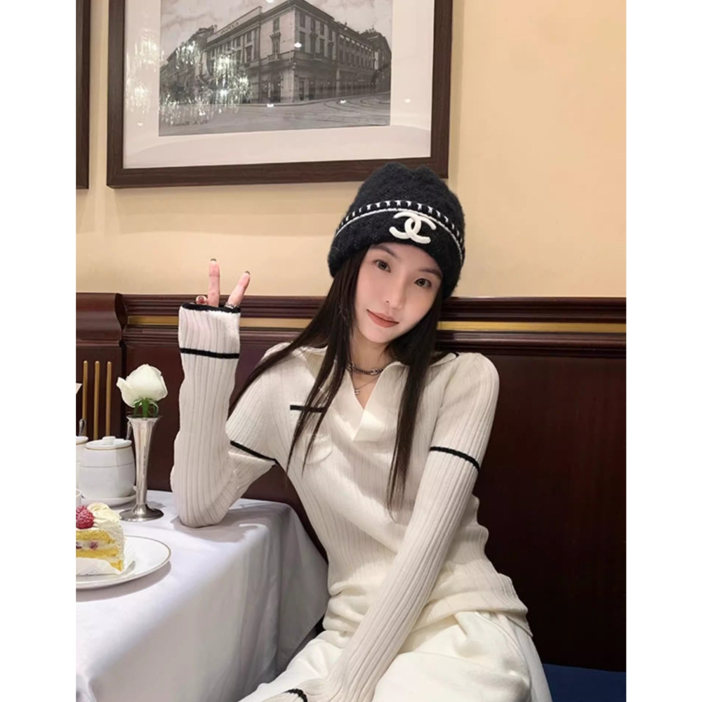 春。韓系甜美減齡小香風 POLO領復古撞色修身顯瘦長袖細針織毛衣上衣-Euphoria Store-細節圖3