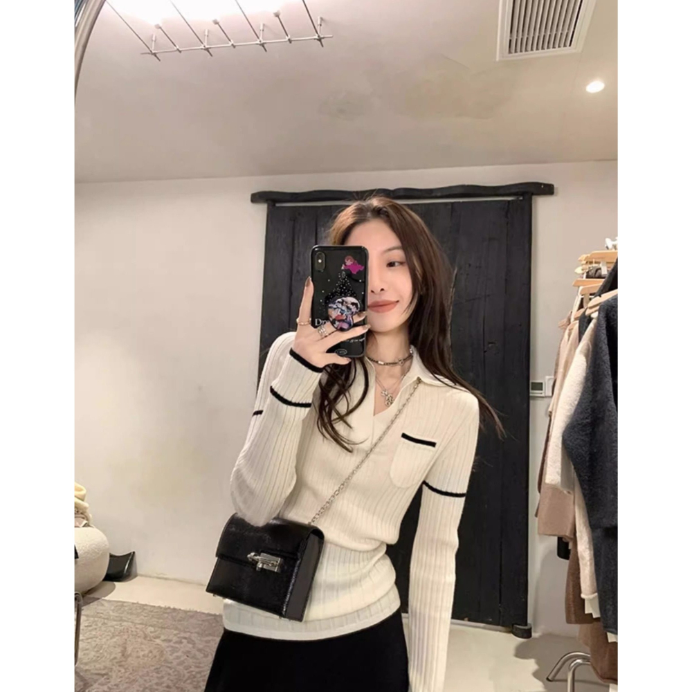 春。韓系甜美減齡小香風 POLO領復古撞色修身顯瘦長袖細針織毛衣上衣-Euphoria Store-細節圖4
