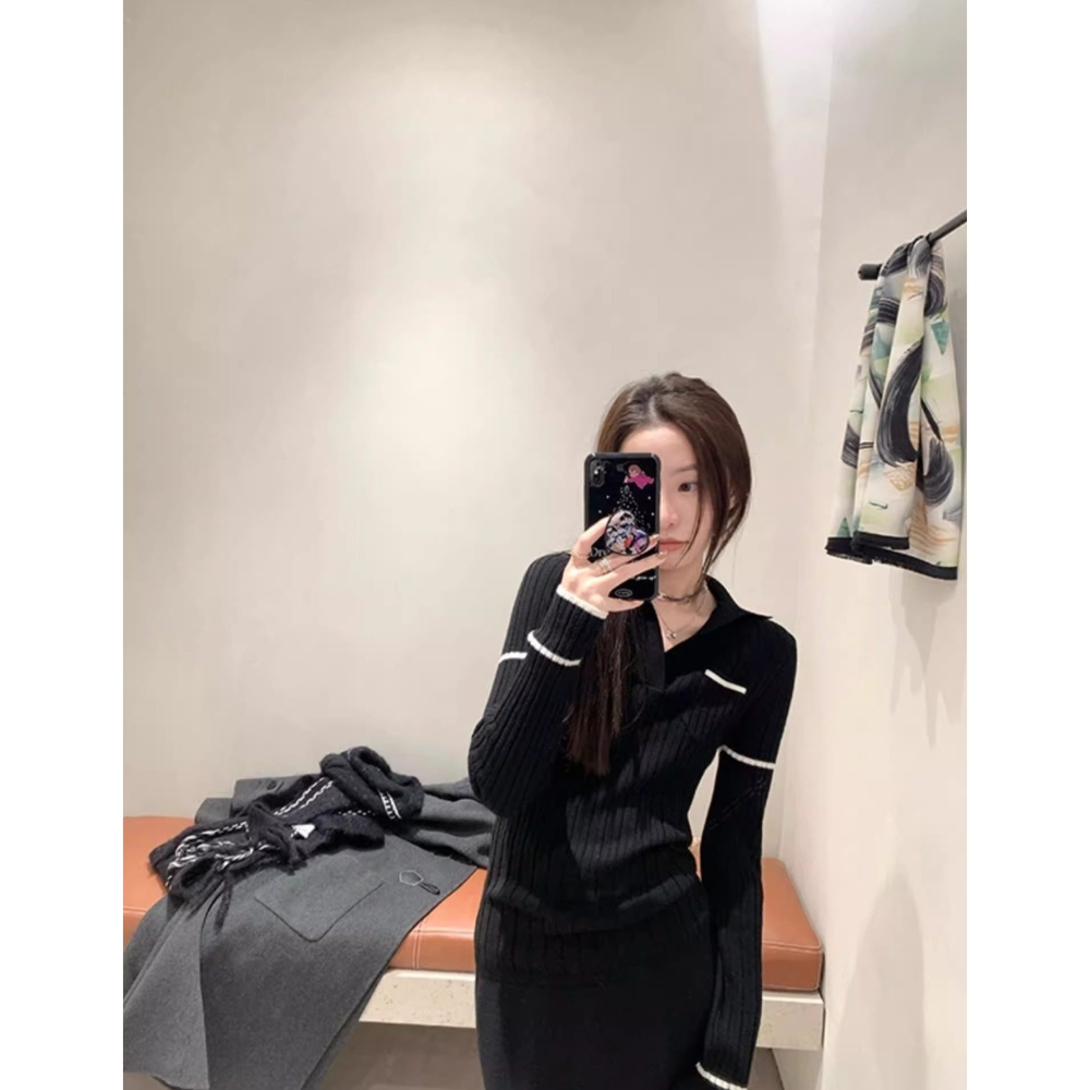 春。韓系甜美減齡小香風 POLO領復古撞色修身顯瘦長袖細針織毛衣上衣-Euphoria Store-細節圖5