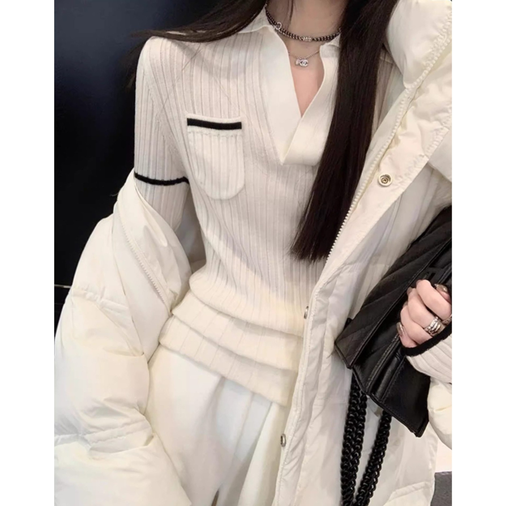 春。韓系甜美減齡小香風 POLO領復古撞色修身顯瘦長袖細針織毛衣上衣-Euphoria Store-細節圖6