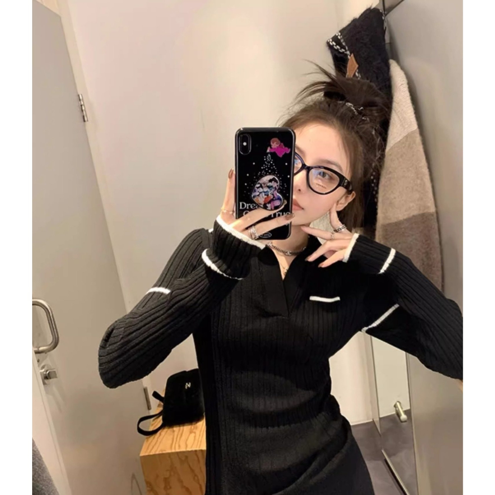 春。韓系甜美減齡小香風 POLO領復古撞色修身顯瘦長袖細針織毛衣上衣-Euphoria Store-細節圖7