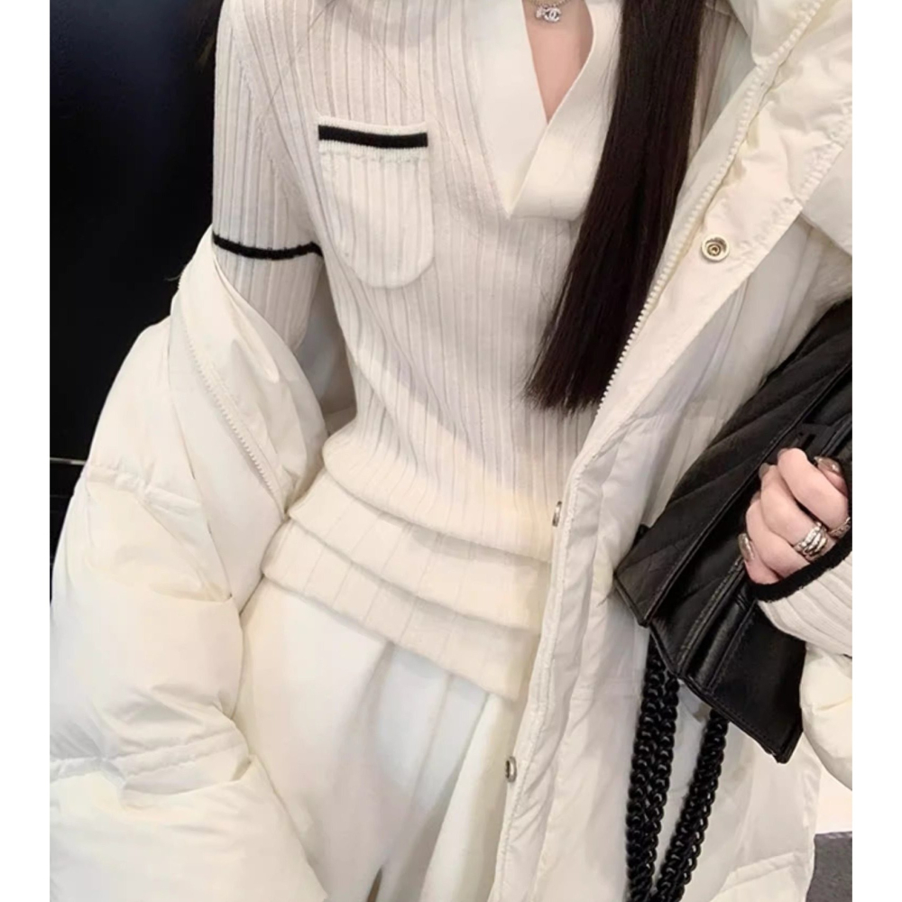 春。韓系甜美減齡小香風 POLO領復古撞色修身顯瘦長袖細針織毛衣上衣-Euphoria Store-細節圖9