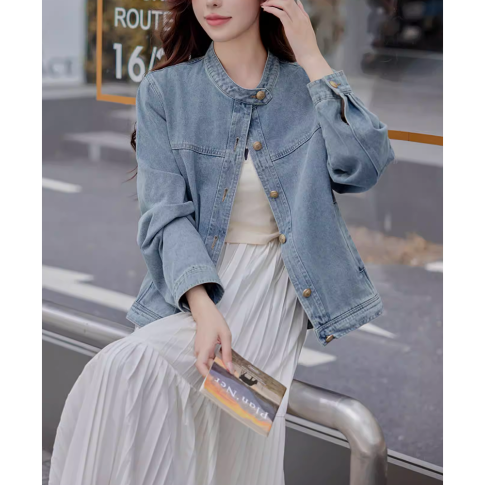 春。韓版不退流行基礎款 單排扣長袖小圓領休閒寬鬆水洗牛仔外套-Euphoria Store-細節圖2