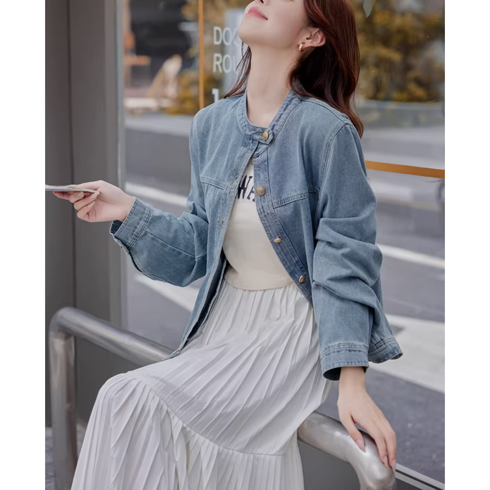 春。韓版不退流行基礎款 單排扣長袖小圓領休閒寬鬆水洗牛仔外套-Euphoria Store-細節圖4
