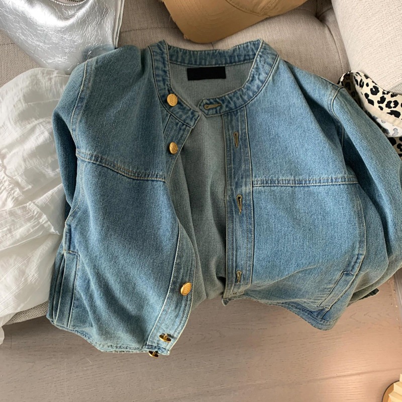 春。韓版不退流行基礎款 單排扣長袖小圓領休閒寬鬆水洗牛仔外套-Euphoria Store-細節圖7