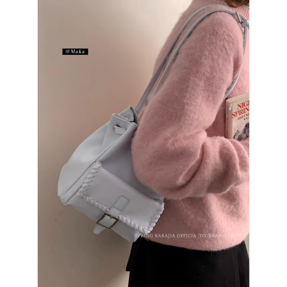 春。韓版甜美小姐姐 減齡百搭軟皮編織大容量單肩斜背水桶包-Euphoria Store-細節圖7