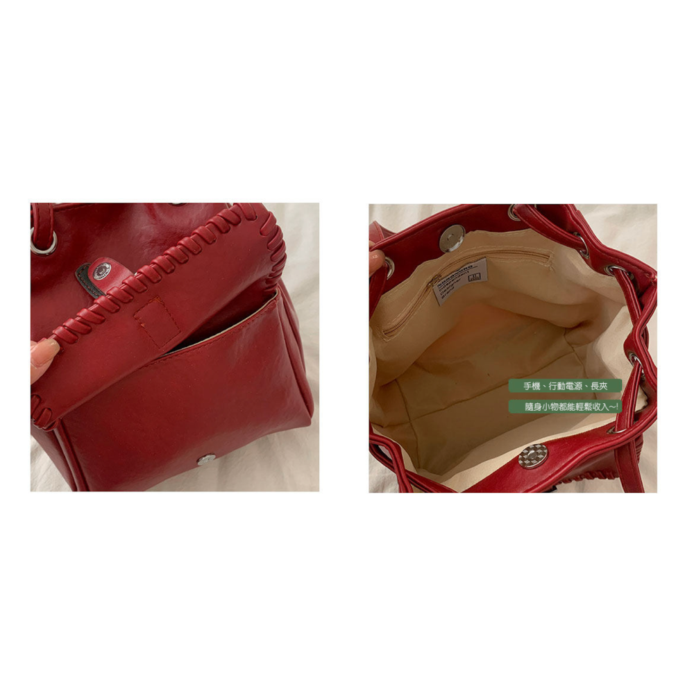 春。韓版甜美小姐姐 減齡百搭軟皮編織大容量單肩斜背水桶包-Euphoria Store-細節圖9