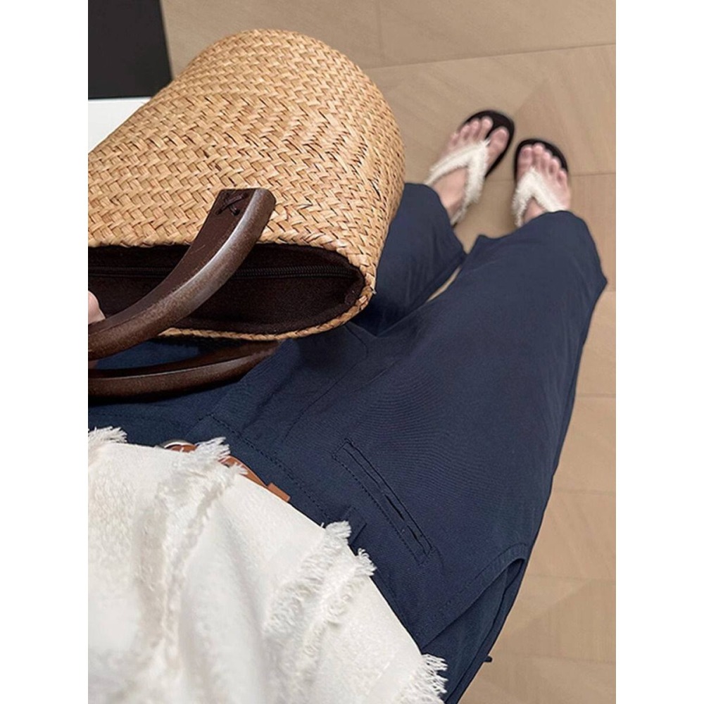 春。韓chic 修飾腿型好幫手 簡約百搭 水洗棉純色高腰窄版直筒顯瘦九分褲休閒褲-Euphoria Store-細節圖4