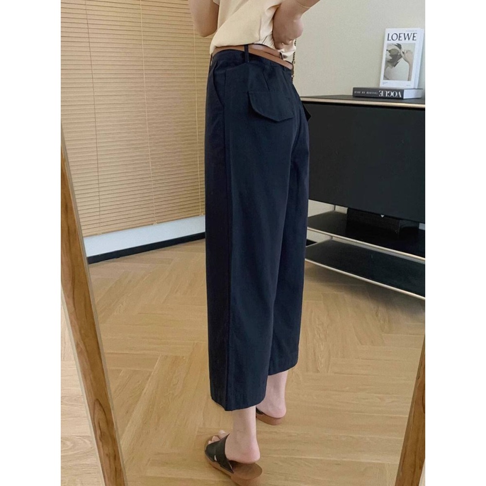 春。韓chic 修飾腿型好幫手 簡約百搭 水洗棉純色高腰窄版直筒顯瘦九分褲休閒褲-Euphoria Store-細節圖5