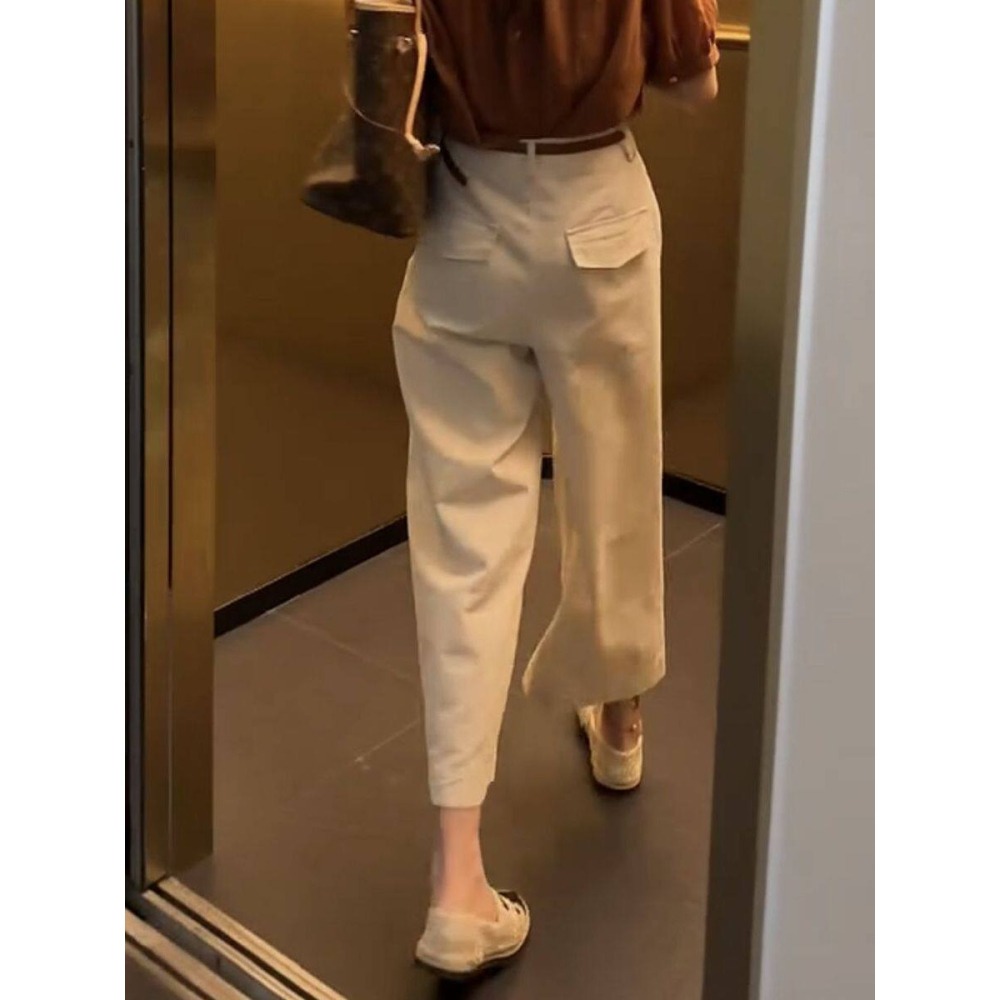 春。韓chic 修飾腿型好幫手 簡約百搭 水洗棉純色高腰窄版直筒顯瘦九分褲休閒褲-Euphoria Store-細節圖7