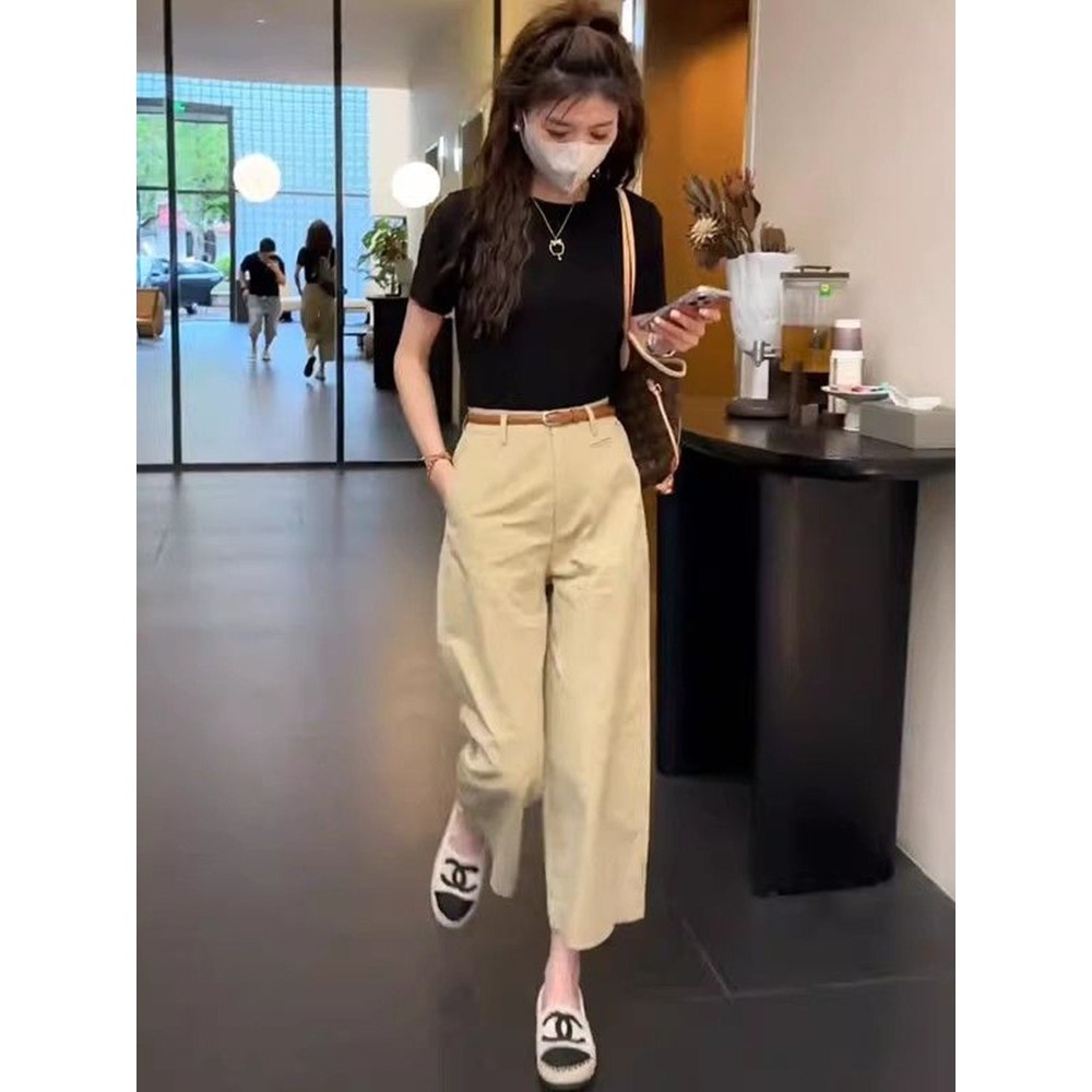 春。韓chic 修飾腿型好幫手 簡約百搭 水洗棉純色高腰窄版直筒顯瘦九分褲休閒褲-Euphoria Store-細節圖8