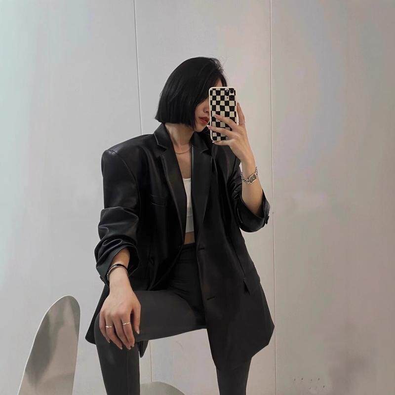 春。韓ins高冷御姐風 個性復古帥酷oversize 寬鬆PU皮衣西裝外套-Euphoria Store-細節圖2