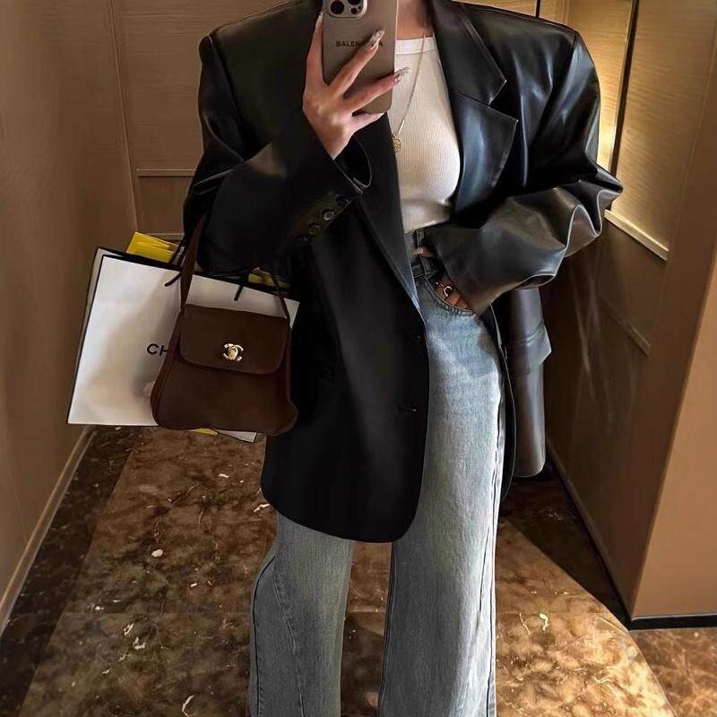 春。韓ins高冷御姐風 個性復古帥酷oversize 寬鬆PU皮衣西裝外套-Euphoria Store-細節圖3