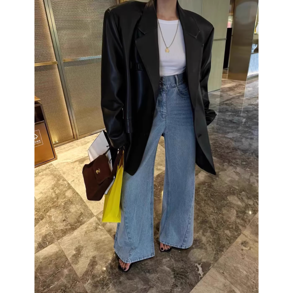 春。韓ins高冷御姐風 個性復古帥酷oversize 寬鬆PU皮衣西裝外套-Euphoria Store-細節圖4