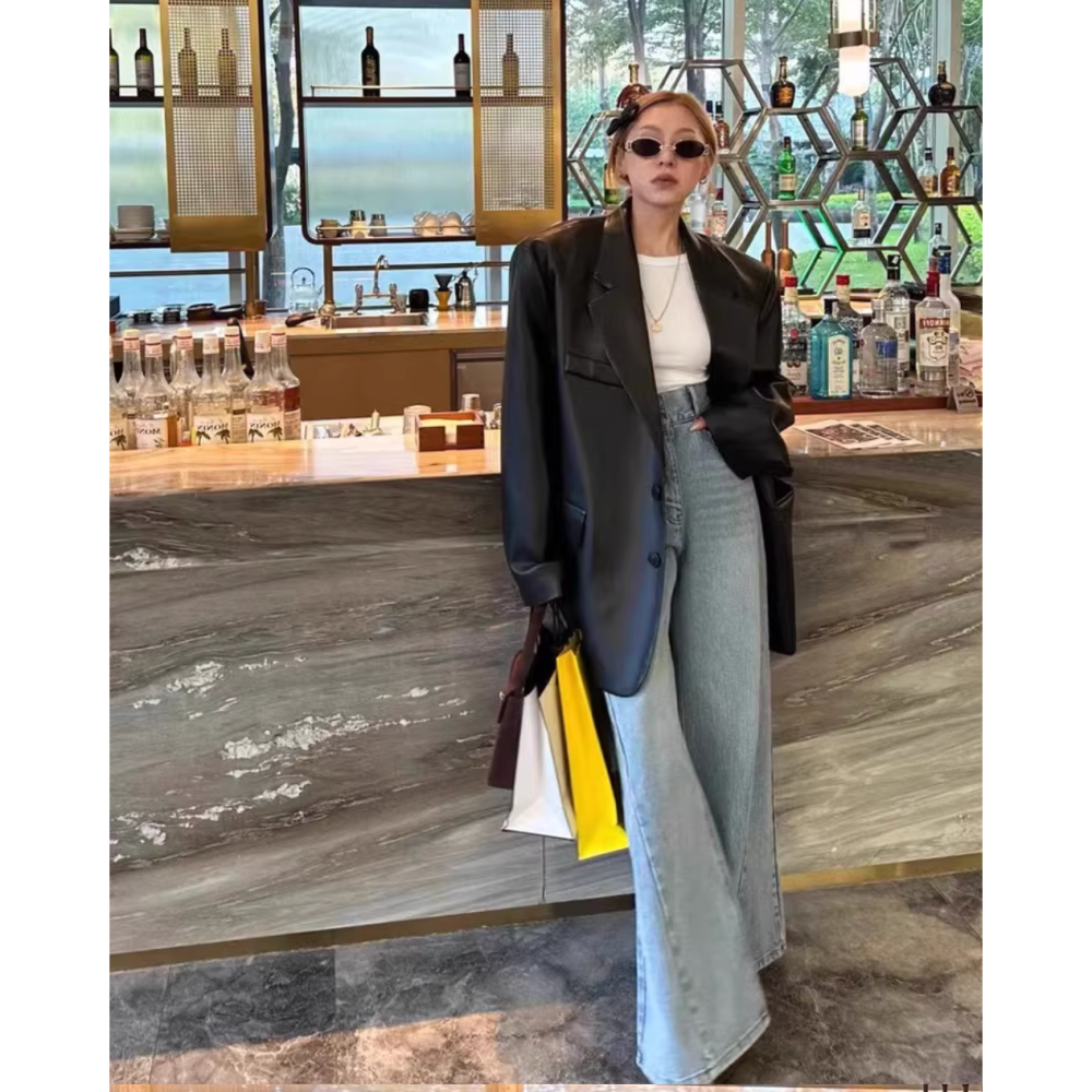 春。韓ins高冷御姐風 個性復古帥酷oversize 寬鬆PU皮衣西裝外套-Euphoria Store-細節圖5