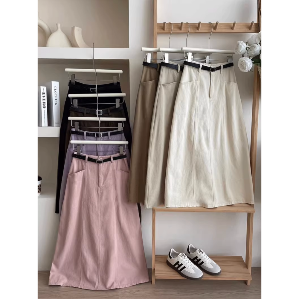 春。簡約休閒百搭款 修身顯瘦 口袋設計 水洗棉多色高腰包臀A字中長款棉質半身裙-Euphoria Store-細節圖2