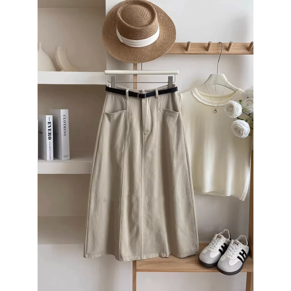 春。簡約休閒百搭款 修身顯瘦 口袋設計 水洗棉多色高腰包臀A字中長款棉質半身裙-Euphoria Store-細節圖3