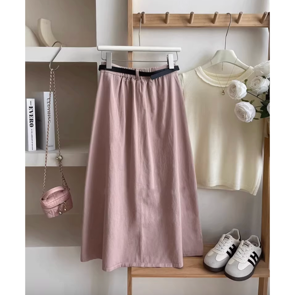 春。簡約休閒百搭款 修身顯瘦 口袋設計 水洗棉多色高腰包臀A字中長款棉質半身裙-Euphoria Store-細節圖5