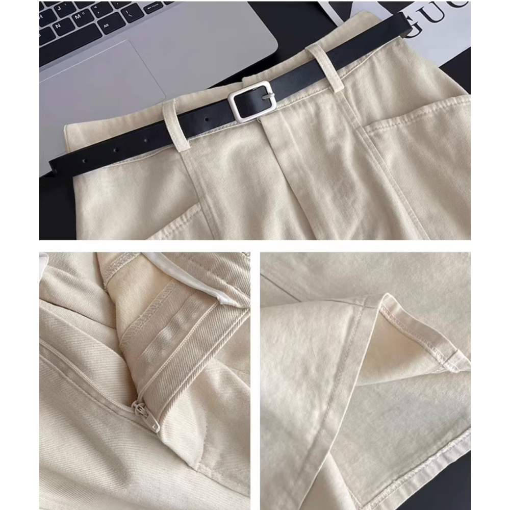 春。簡約休閒百搭款 修身顯瘦 口袋設計 水洗棉多色高腰包臀A字中長款棉質半身裙-Euphoria Store-細節圖6