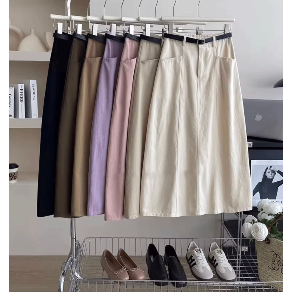 春。簡約休閒百搭款 修身顯瘦 口袋設計 水洗棉多色高腰包臀A字中長款棉質半身裙-Euphoria Store-細節圖8