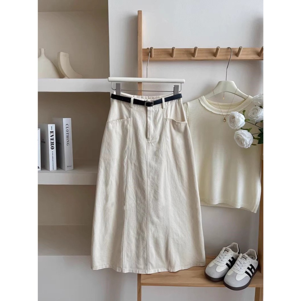 春。簡約休閒百搭款 修身顯瘦 口袋設計 水洗棉多色高腰包臀A字中長款棉質半身裙-Euphoria Store-規格圖8