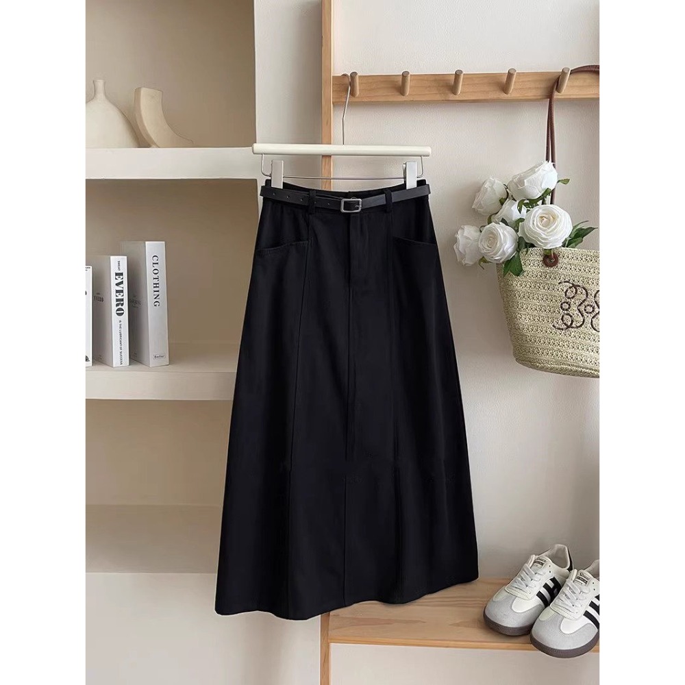 春。簡約休閒百搭款 修身顯瘦 口袋設計 水洗棉多色高腰包臀A字中長款棉質半身裙-Euphoria Store-規格圖8