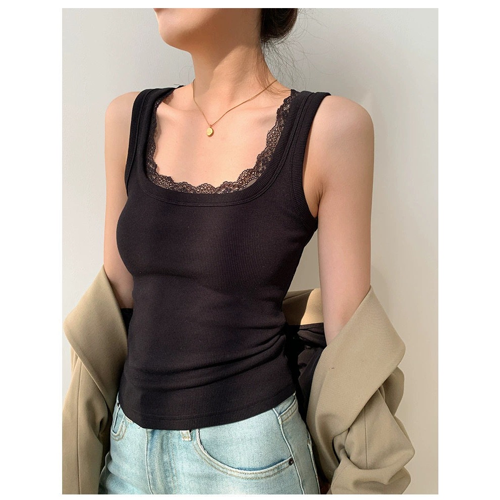 四季。必需包色 百搭不出錯 修身顯瘦 遮副乳蕾絲滾邊大方領無袖背心上衣-Euphoria Store-細節圖3