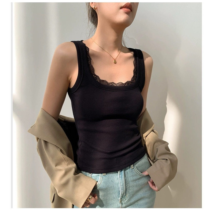 四季。必需包色 百搭不出錯 修身顯瘦 遮副乳蕾絲滾邊大方領無袖背心上衣-Euphoria Store-細節圖5