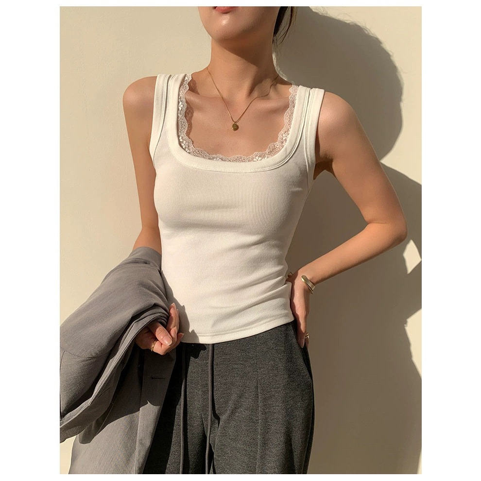 四季。必需包色 百搭不出錯 修身顯瘦 遮副乳蕾絲滾邊大方領無袖背心上衣-Euphoria Store-細節圖6