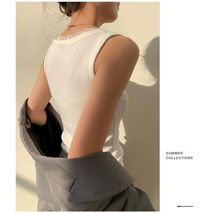 四季。必需包色 百搭不出錯 修身顯瘦 遮副乳蕾絲滾邊大方領無袖背心上衣-Euphoria Store-細節圖7