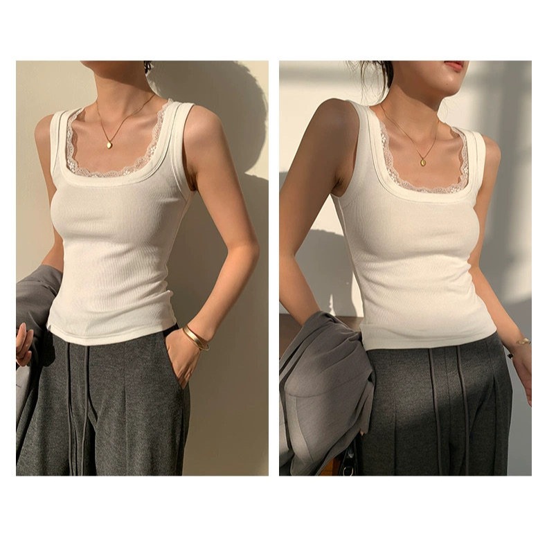 四季。必需包色 百搭不出錯 修身顯瘦 遮副乳蕾絲滾邊大方領無袖背心上衣-Euphoria Store-細節圖8