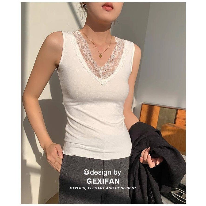 四季。單穿打底都可以 性感蕾絲花邊莫代爾棉V領貼身無袖背心上衣-Euphoria Store-細節圖4