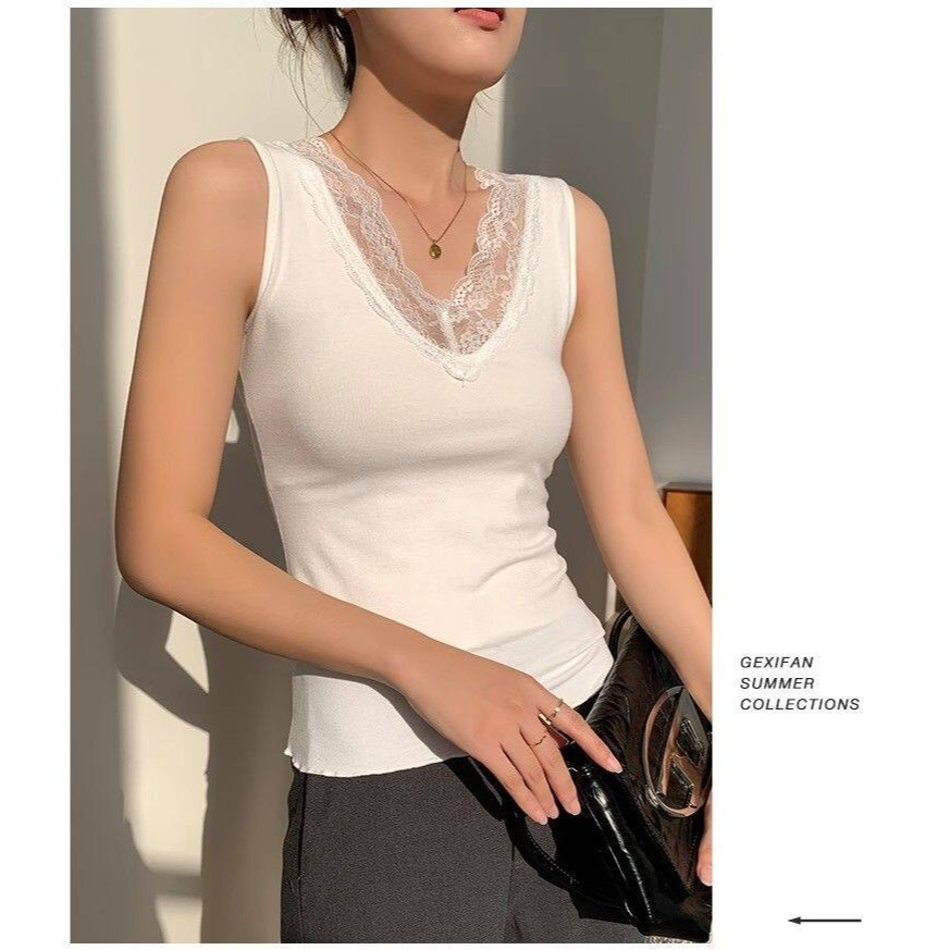 四季。單穿打底都可以 性感蕾絲花邊莫代爾棉V領貼身無袖背心上衣-Euphoria Store-細節圖5
