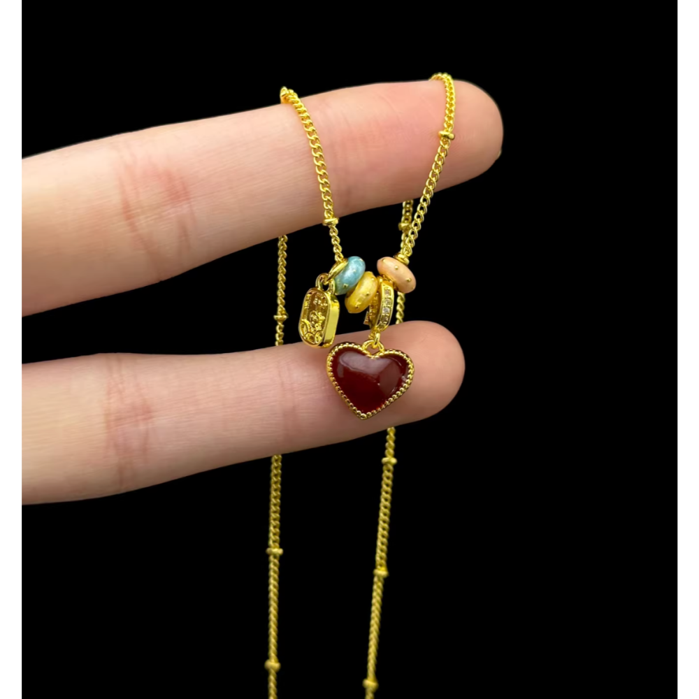 店主私著。Vintage古著 double-sided love 浪漫甜美帶點個性 雙面可帶滴油鍅鎯短項鍊鎖骨鍊-Eup-細節圖2