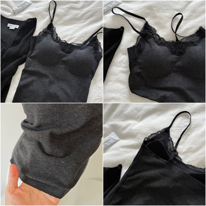 春。法式甜蜜 雲朵舒芙蕾 微磨毛蕾絲滾邊一體式胸墊細肩帶背心上衣-Euphoria Store-細節圖11