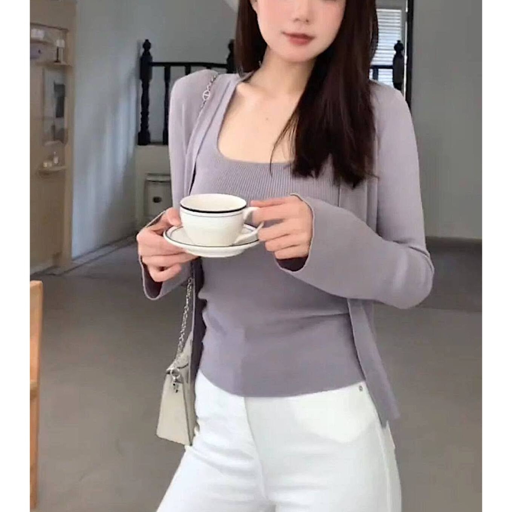 春。浪漫氣質極簡風 修身顯瘦純色無袖方領針織背心+同款V領長袖針織外套兩件套-Euphoria Store-細節圖4